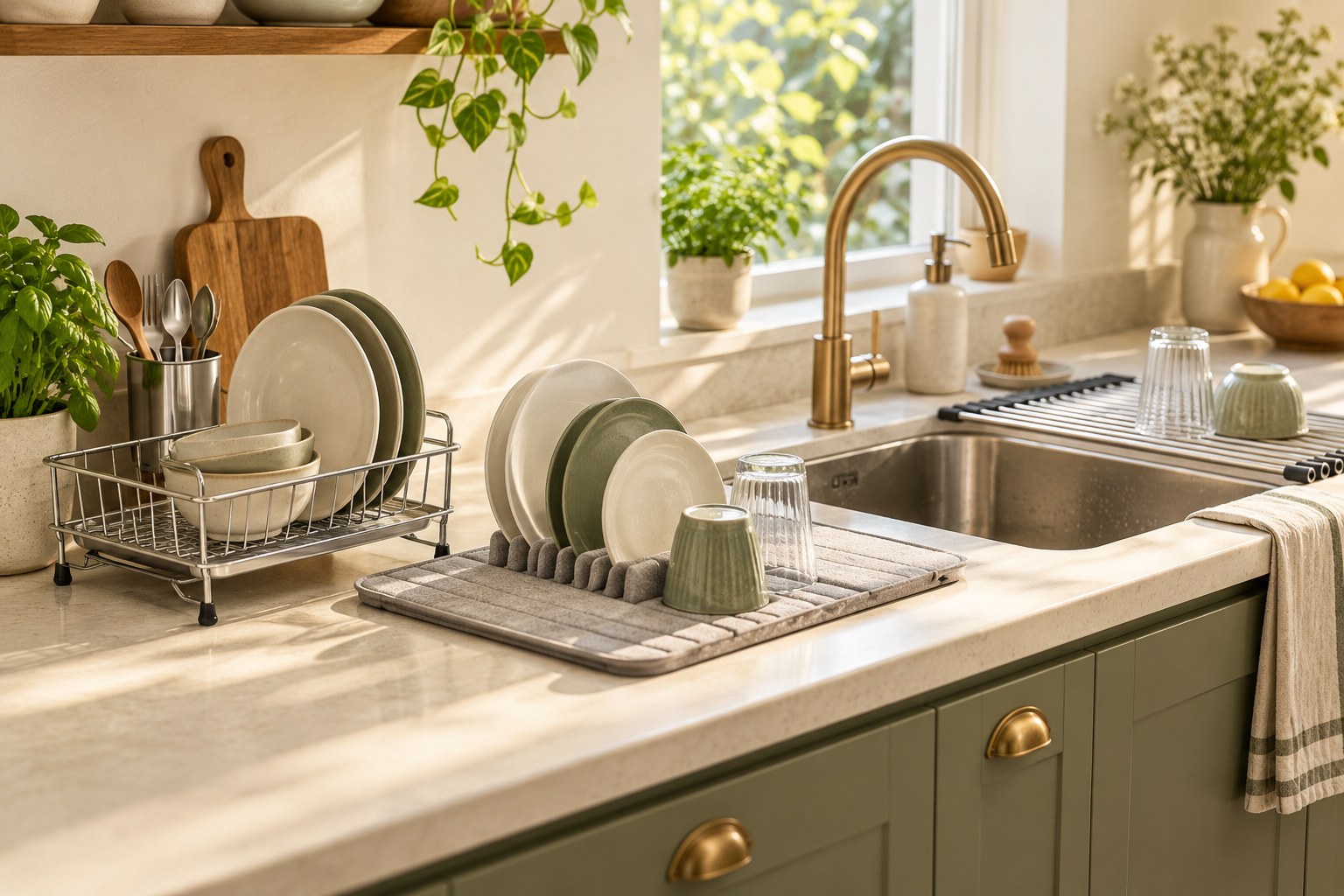 Several compact dish drying formats arranged beside a small kitchen sink