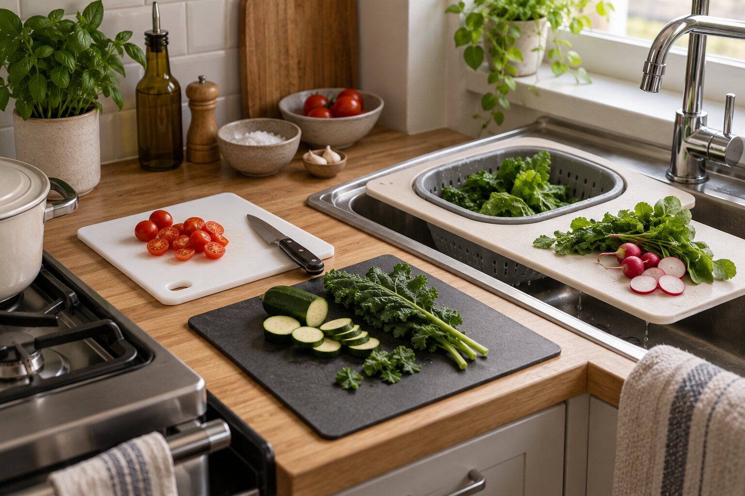 Several cutting-board formats arranged in a compact kitchen prep area